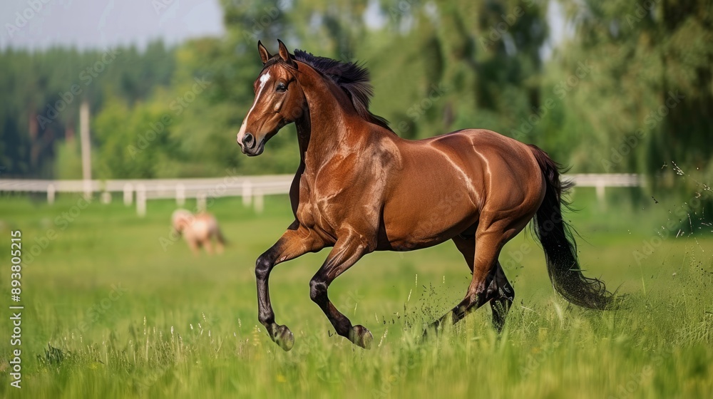 A brown horse is running through a field of grass A brown horse is running through a field of grass