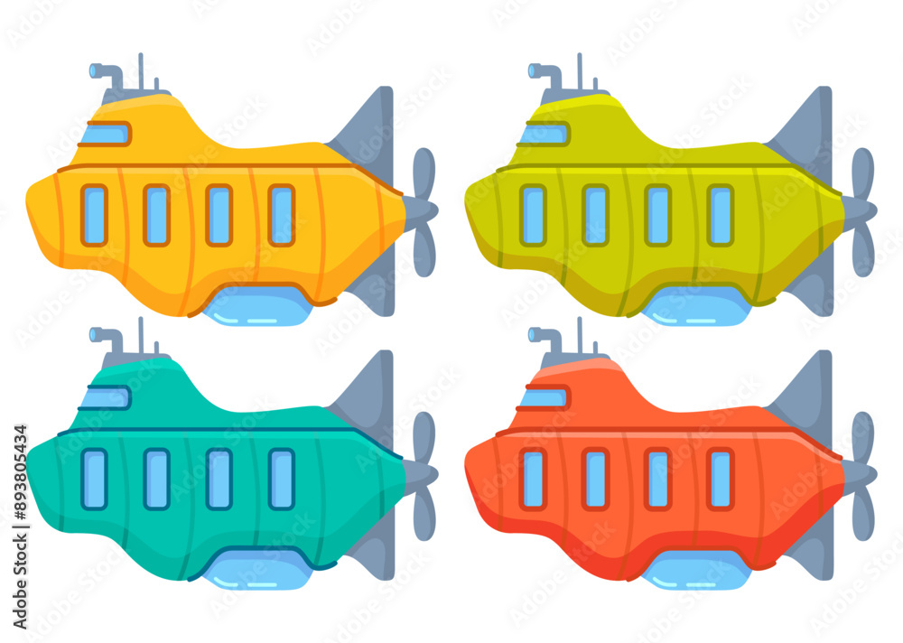 Fototapeta premium Toy boat.Bathyscaphe explore underwater world.Underwater boat ship. Cartoon underwater submarine periscopeCartoon submarines.Yellow submarine.Vector flat illustration.Isolated on white background.