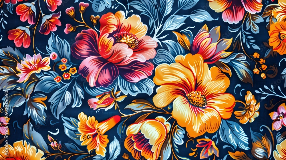 Vibrant Floral Pattern on Blue Fabric. Vibrant Floral Pattern on Blue Fabric.