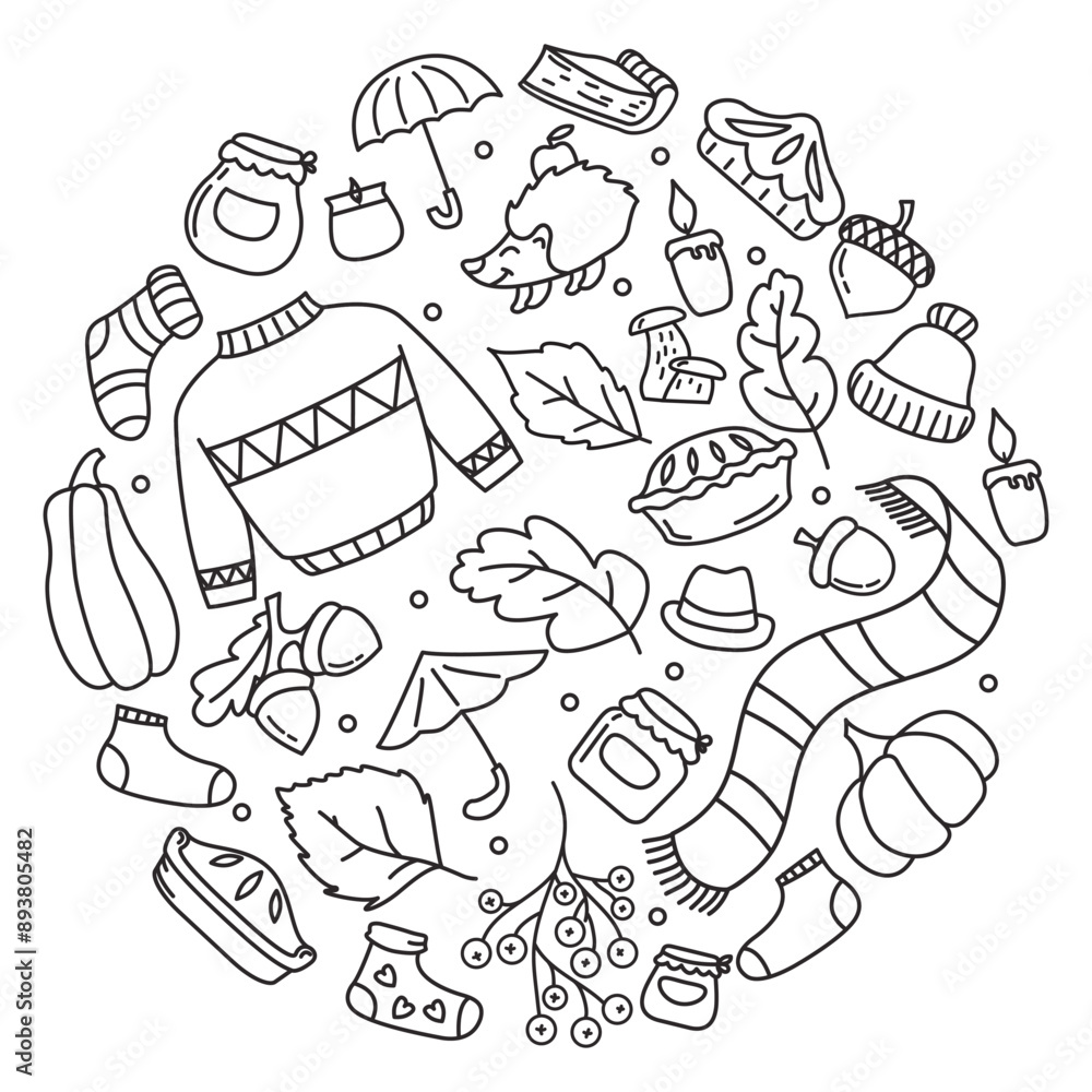 Obraz premium Set of autumn elements round frame. Autumn forest and garden collection.Fall season.Hand drawn vector illustration.Autumn clothing. Casual wears.Rainy season accessories. Autumn scrapbook bundle.