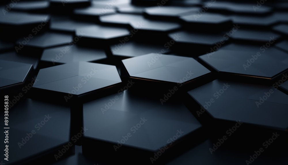 Abstract hexagon geometry 3D render, featuring six-angled shapes with dark lighting Abstract hexagon geometry 3D render, featuring six-angled shapes with dark lighting