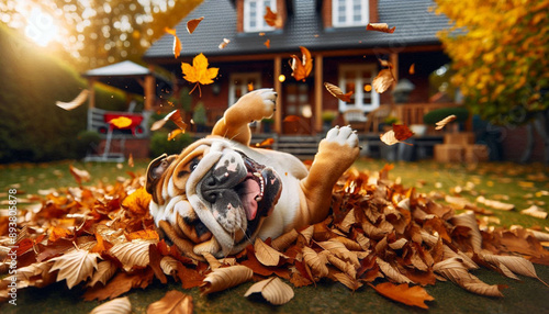 a cute bulldog pet playing in the leaves in the fall in the backyard rolling around
