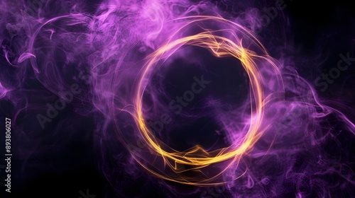 blazing geometric smoke circle in purple and yellow on a black background