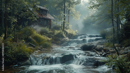Cabin in the Forest by a Stream