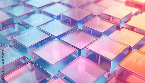 Ultra sharp 3D render of an abstract geometric background with translucent glass squares