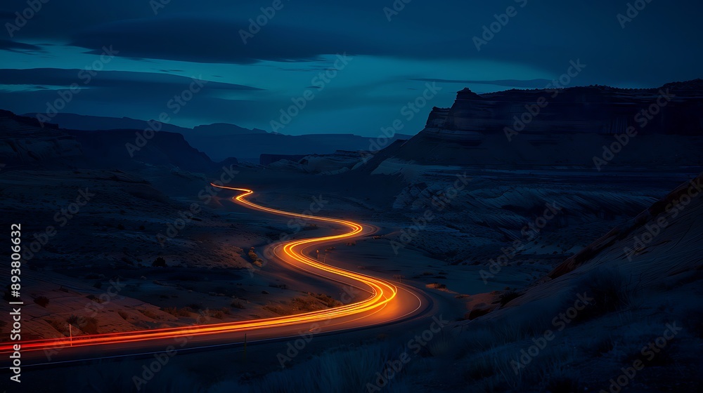 Fototapeta premium Winding Road through a Desert Landscape at Night