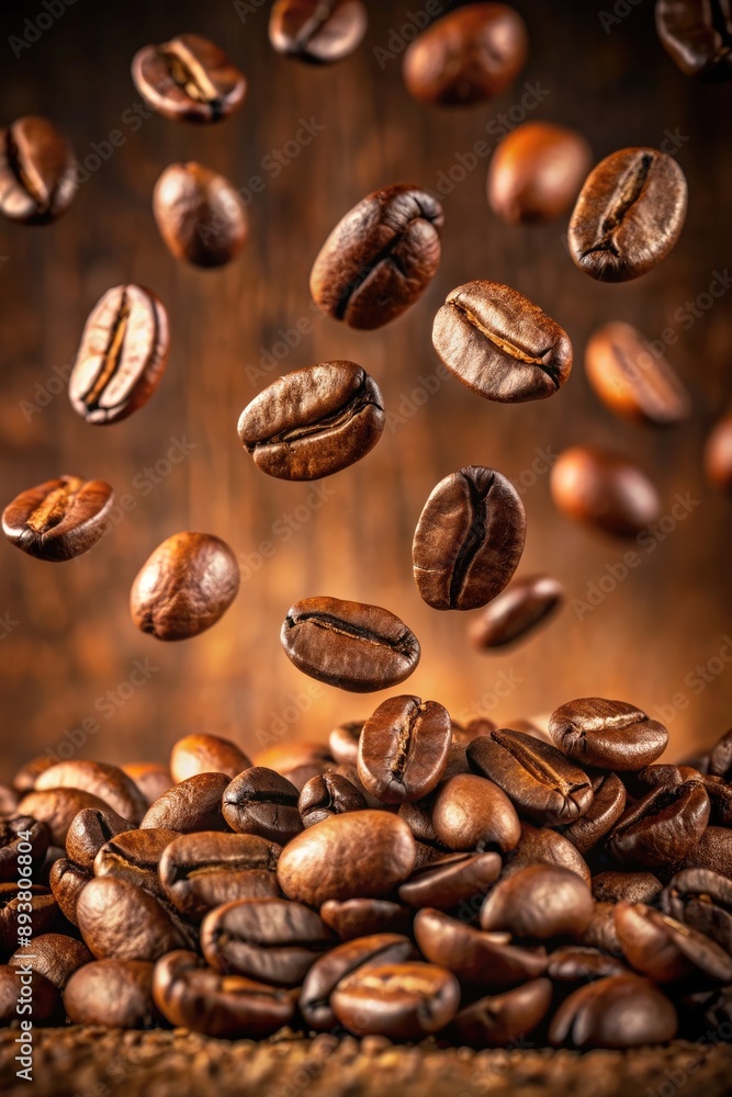Fototapeta premium Coffee beans scattered on a wooden surface.