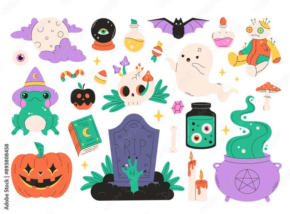 Naklejka premium Halloween stickers set of mascots ghosts, pumpkins, gravestone, potions, spell book, frog, full moon, candies, eyes, bat. Vector illustration in flat style