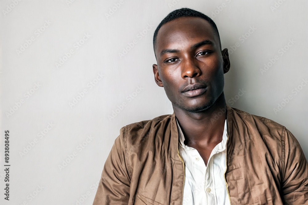 Portrait of confident young African American man in brown jacket, serious expression against white background Portrait of confident young African American man in brown jacket, serious expression against white background