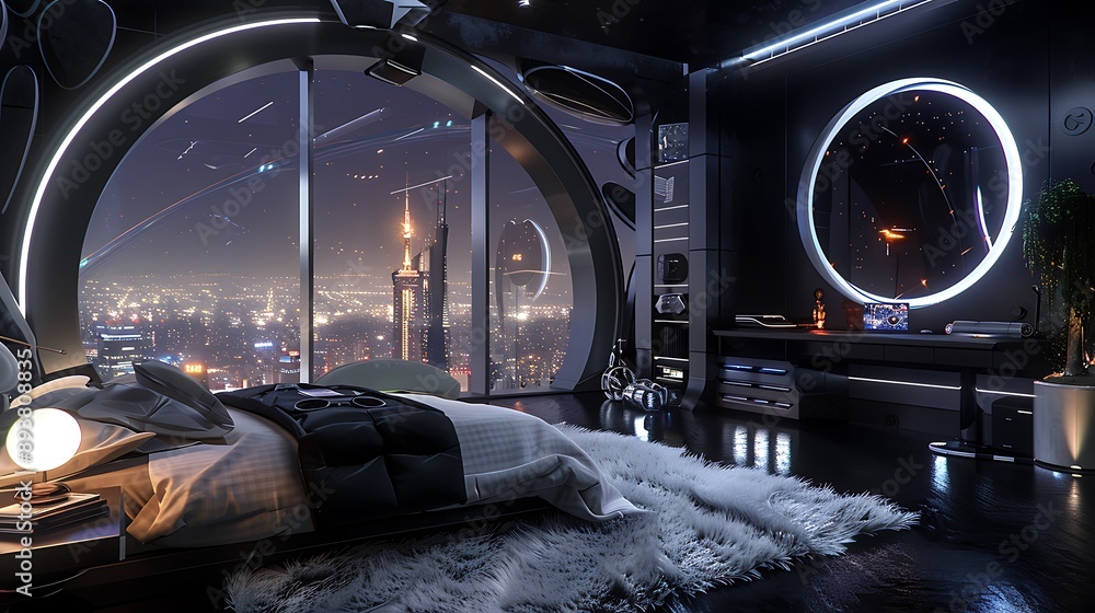 Futuristic Bedroom with Cityscape View Futuristic Bedroom with Cityscape View