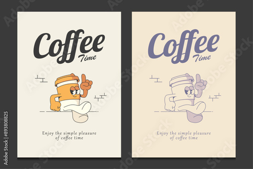 retro 30s poster or graphic t-shirt design with a coffee cup mascot cartoon character, vector illustration