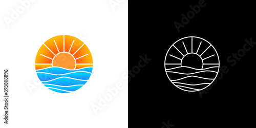 Water wave sea sun circle logo. line outline sunset ocean logo