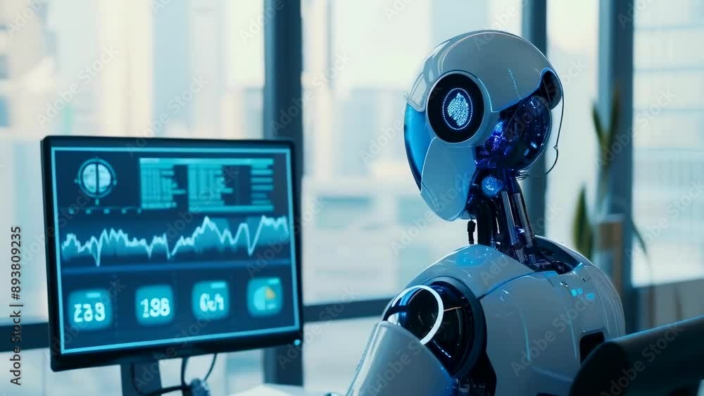 A humanoid robot is seated at a desk in a contemporary office, examining data on a computer screen displaying various analytics. The environment is well-lit with cityscape views through large windows. A humanoid robot is seated at a desk in a contemporary office, examining data on a computer screen displaying various analytics. The environment is well-lit with cityscape views through large windows.