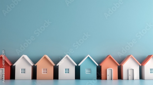 Miniature houses in various colors stand in a row against a blue gradient background