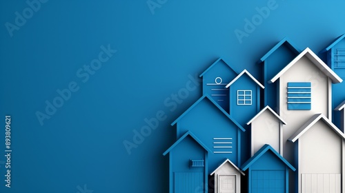 Stylized blue and white houses arranged in a row on a blue gradient background