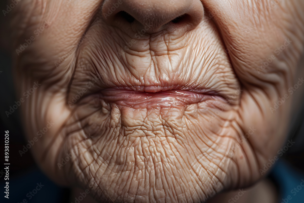 Close up of elderly woman's nasolabial folds and wrinkles around mouth Close up of elderly woman's nasolabial folds and wrinkles around mouth