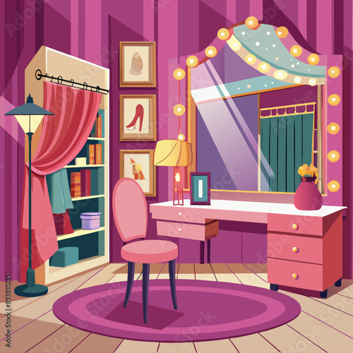 Glamorous Dressing Room with Walk-In Closet and Vanity Table vector backgrounds