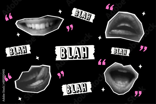 Set of different mouth positions with halftone effect. Modern collage style elements with quote sign. Paper cutout vector set in retro style.