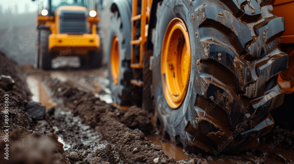 A construction vehicle's tire drives through muddy ground A construction vehicle's tire drives through muddy ground