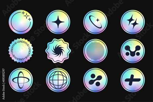 Gradient hologram sticker set. Label, tag vector elements. Futuristic trendy y2k isolated elements.