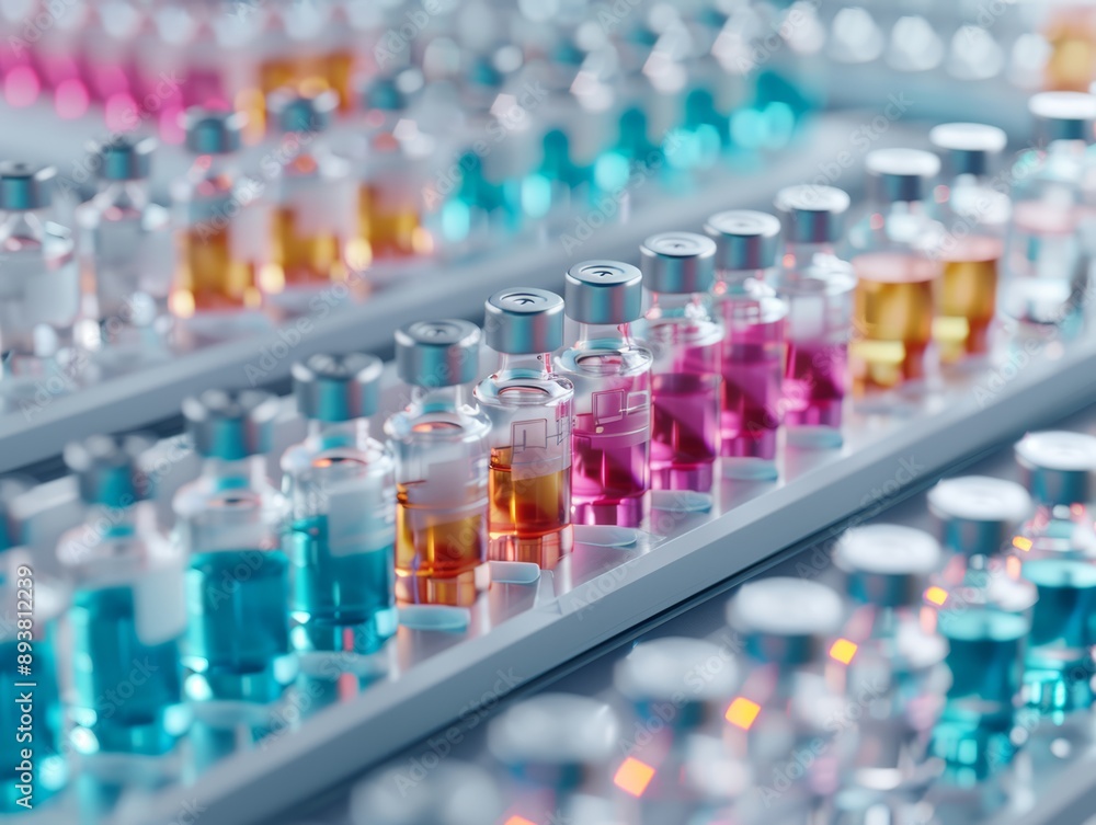 Biopharmaceuticals development process in a high-tech lab, top view, visualizing future drug manufacturing, cybernetic tone, Split-complementary color scheme Biopharmaceuticals development process in a high-tech lab, top view, visualizing future drug manufacturing, cybernetic tone, Split-complementary color scheme