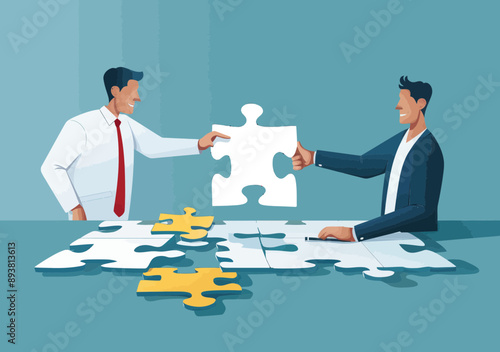 Business Leaders Completing Puzzle Representing Teamwork and Problem Solving in a Minimalistic Office Environment at Daytime