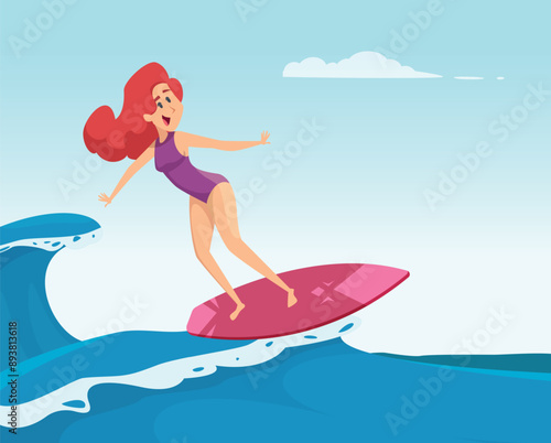 serfing. sport beautiful woman in red swimsuit riding on serfing board