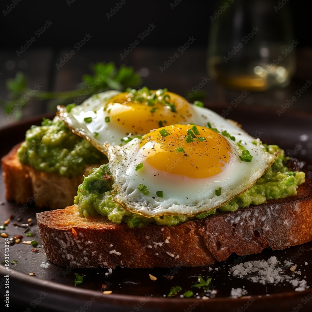 Plate with avocado toast with egg. Photo for restaurant menu, advertising, delivery, banner Plate with avocado toast with egg. Photo for restaurant menu, advertising, delivery, banner