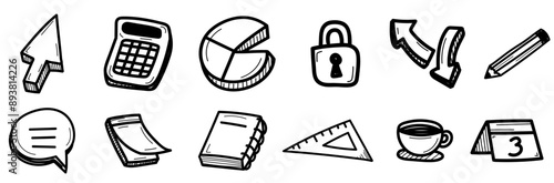 Collection de doodles dessinés à la main sur le thème d'outils de bureautique - Pack de pictogrammes, boutons et illustrations pour illustrer des activités diverses dans l'univers du travail 