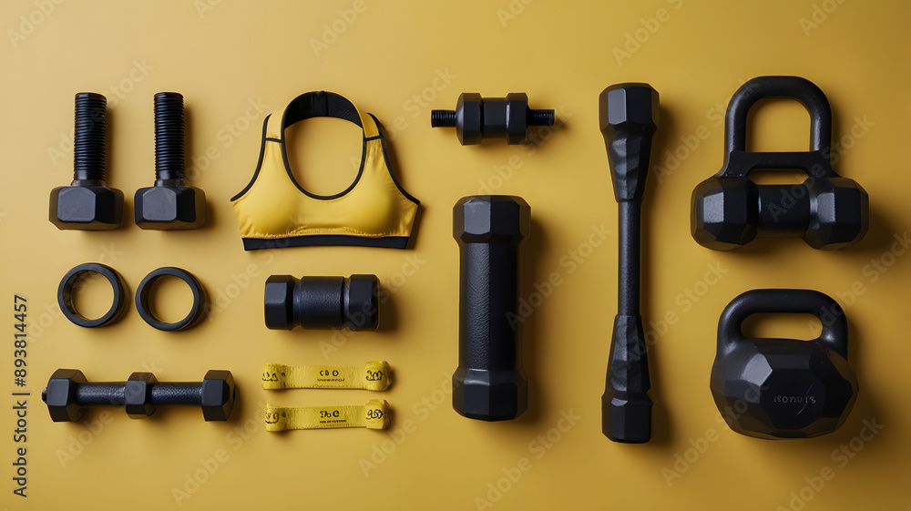 Fitness accessories top view. Sport and gym equipment isolated on yellow background Fitness accessories top view. Sport and gym equipment isolated on yellow background