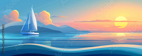 Sailing yacht gliding on azure waters. Vector flat minimalistic isolated illustration.