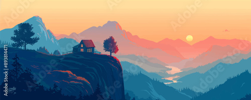 A serene mountaintop retreat with panoramic views of the landscape. Vector flat minimalistic isolated illustration.