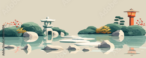 A serene Japanese zen garden with raked sand and stone lanterns. Vector flat minimalistic isolated illustration.