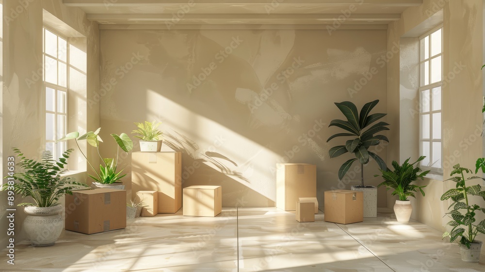 Relocating to new property: Boxes and plants in empty room Relocating to new property: Boxes and plants in empty room