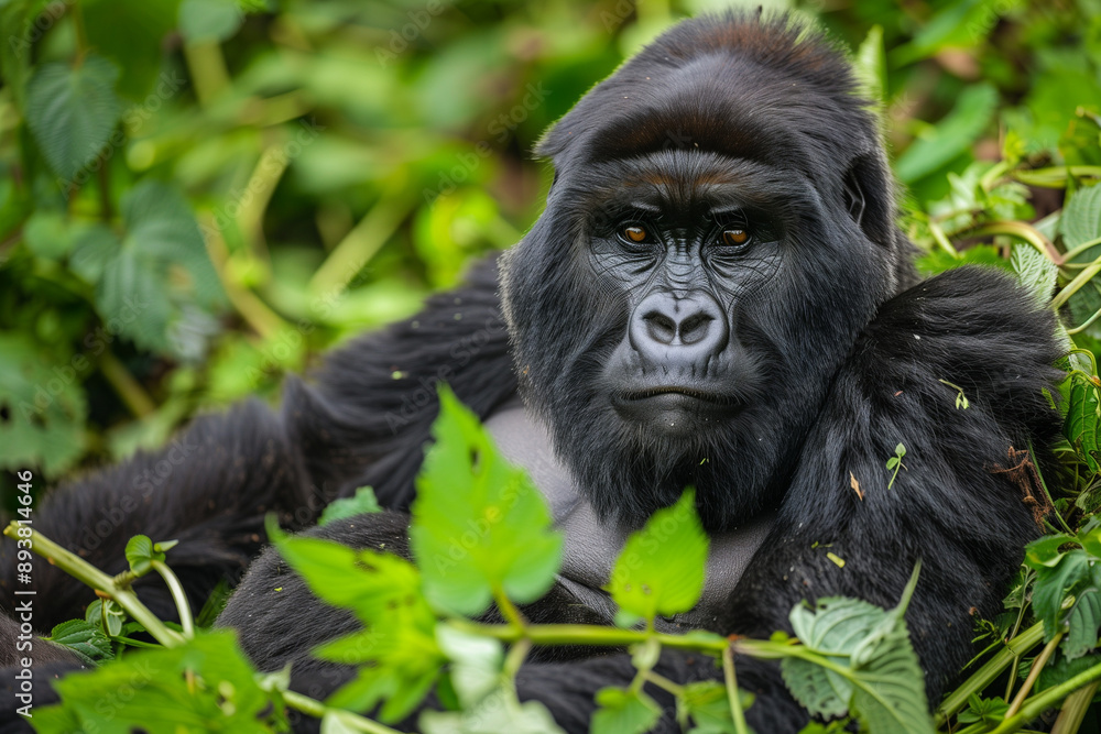 A large mountain gorilla sitting calmly among lush green vegetation A large mountain gorilla sitting calmly among lush green vegetation