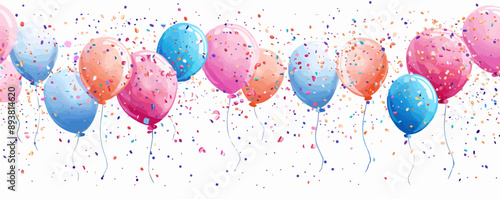 Festive party decorations and balloons with confetti on a plain white background. Vector flat isolated illustration.