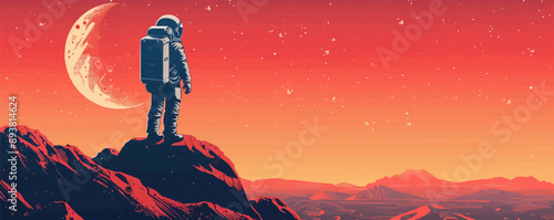 Sci-fi astronaut exploring a distant alien planet Vector flat minimalistic isolated illustration