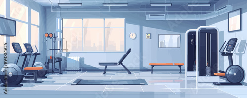 Modern gym interior with workout equipment Vector flat minimalistic isolated illustration
