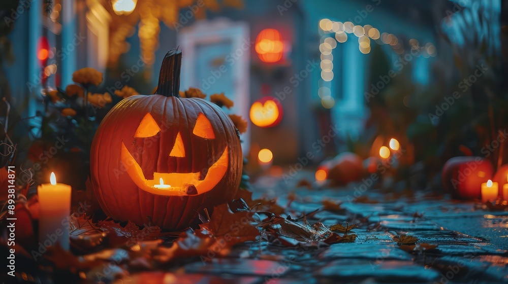 A pumpkin with a smiley face on it is lit up by candles. The scene is set in a yard with other pumpkins and candles scattered around. Scene is warm and festive, as it captures the essence of Halloween A pumpkin with a smiley face on it is lit up by candles. The scene is set in a yard with other pumpkins and candles scattered around. Scene is warm and festive, as it captures the essence of Halloween