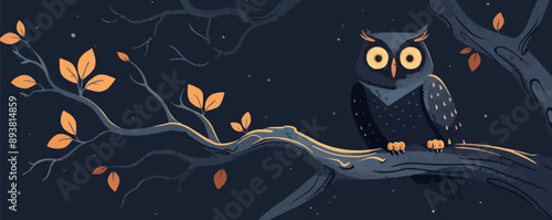 Quizzical owl perched on a gnarled tree branch, observing the world below. Vector flat minimalistic isolated illustration.