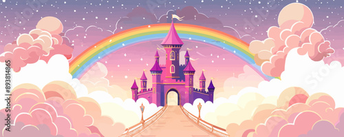 A mystical castle floating in the clouds with a rainbow bridge leading to its gates. Vector flat minimalistic isolated illustration.
