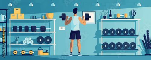 Athlete lifting dumbbells in a gym. Vector flat minimalistic isolated illustration.