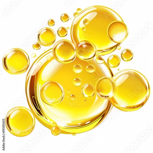 Illustration of yellow oil bubbles, white background, transparent background, png format, 3d rendering photo