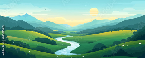 A serene countryside landscape with rolling hills and a winding river. Vector flat minimalistic isolated illustration.