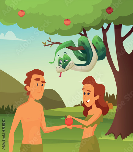 eve and adam. holy bible story seduction woman holding apple and snake on tree