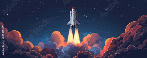 Sci-fi space shuttle launching into the cosmos. Vector flat minimalistic isolated illustration.