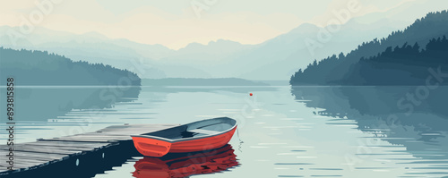 A serene lakeside dock with a rowboat gently bobbing in the water. Vector flat minimalistic isolated illustration.