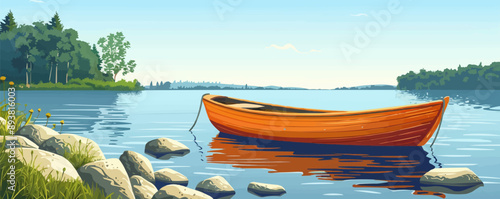 A charming wooden rowboat docked on a tranquil lake shore. Vector flat minimalistic isolated illustration.