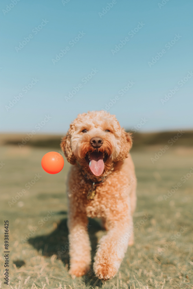 Joyful brown dog happily catches a ball while running in a lush field under a sunny sky, radiating fun and friendship Joyful brown dog happily catches a ball while running in a lush field under a sunny sky, radiating fun and friendship