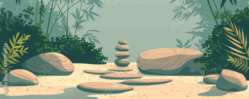 Peaceful Zen garden with sand and rocks. Vector flat minimalistic isolated illustration.